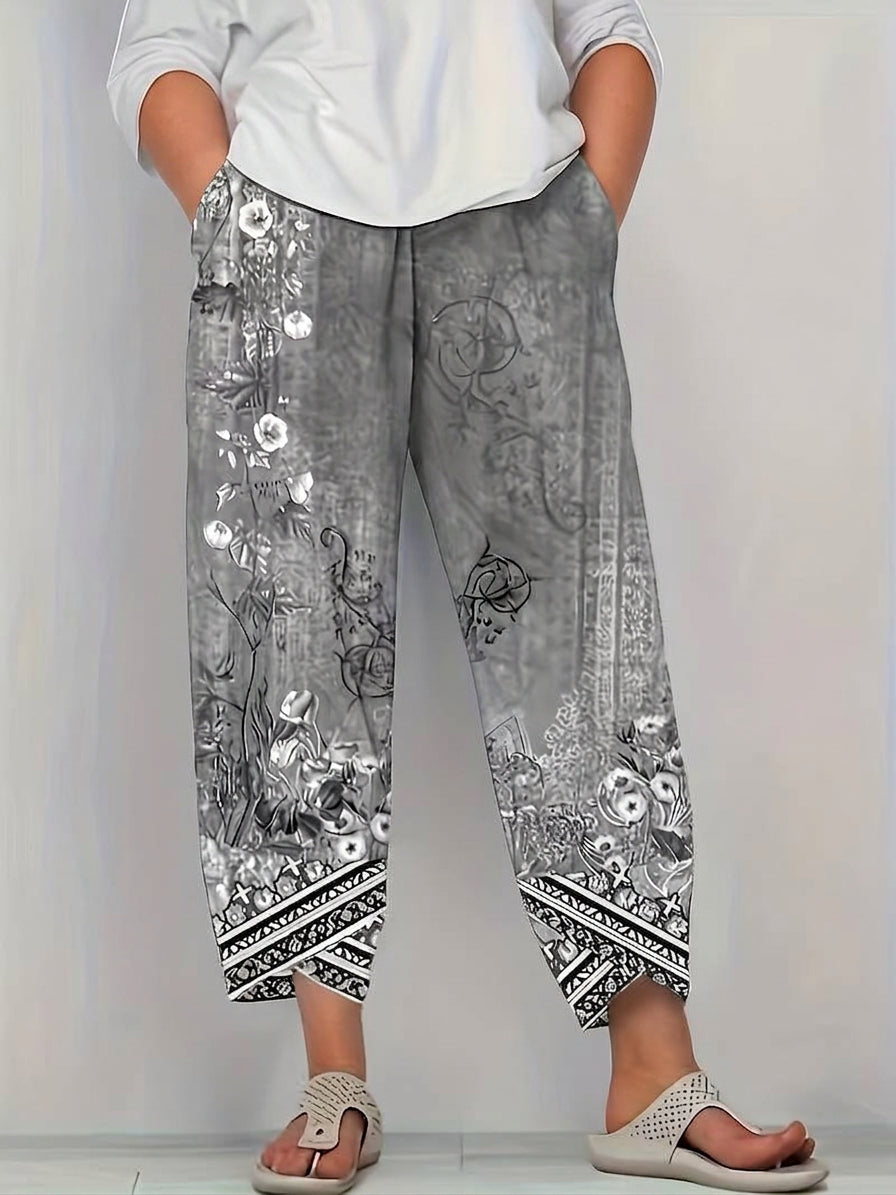 Olwen | Vintage Floral Capri Bukse Med Elastisk Midje