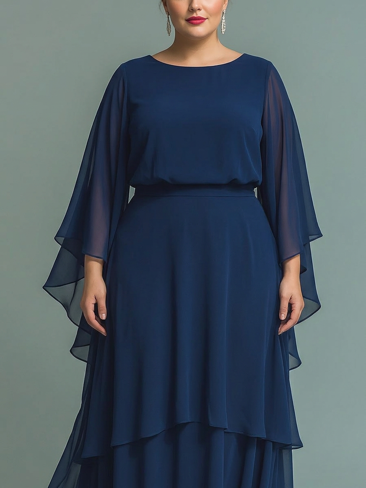 Navy Blue Chiffon Top Set med Utsvingte Ermer og Rett Ben Bukser med Rynkede Detaljer