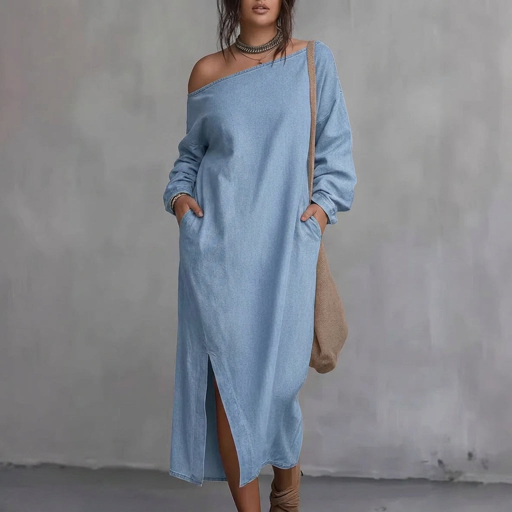 Kaia Off-Shoulder Slit Dress: Moderne Minimalistisk Eleganse