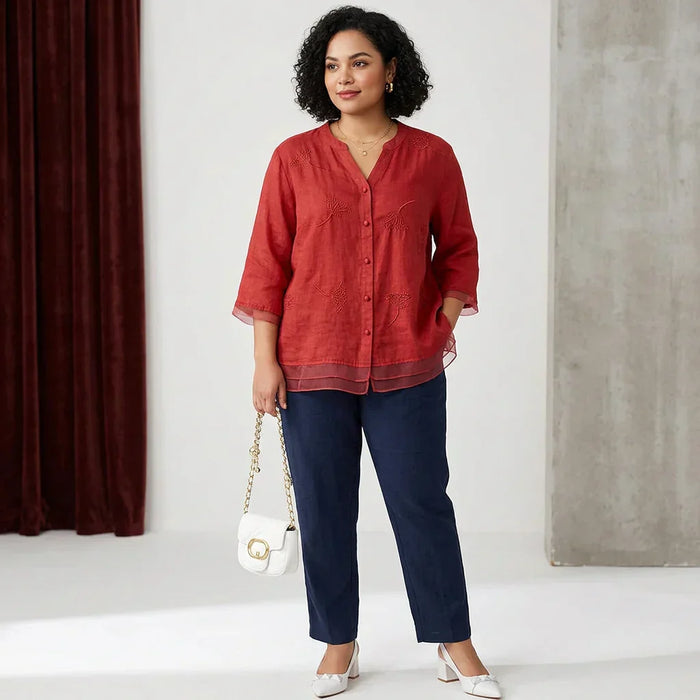 Mei - Ren Bomull Brodert Elegant Topp