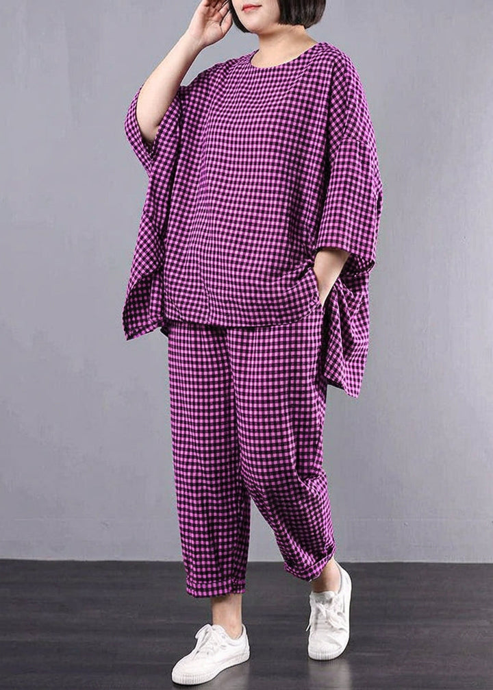 Elke - Casual Pluss Størrelse Bomull Lin Rød Rutete Vintage Bluse Og Bukser