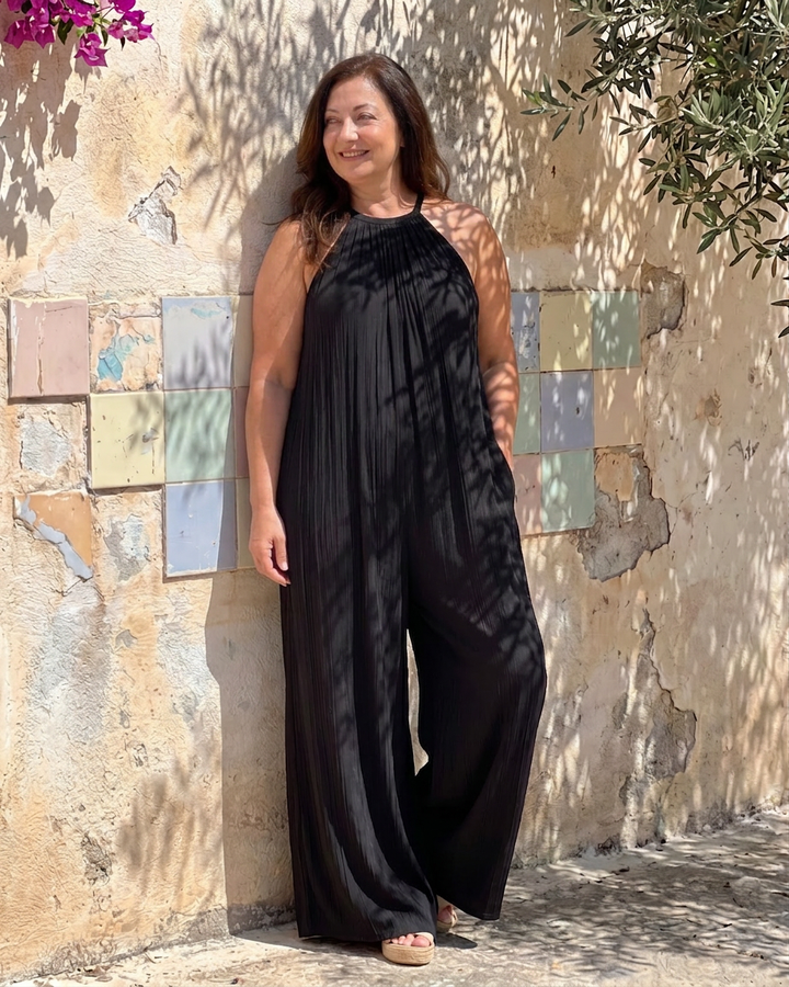 Wanda | Plisserte Halterneck Bred Ben Avslappet Jumpsuit