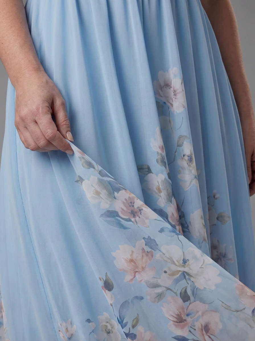 Wanda | Uten ermer V-hals myk blomsterkant midi-kjole