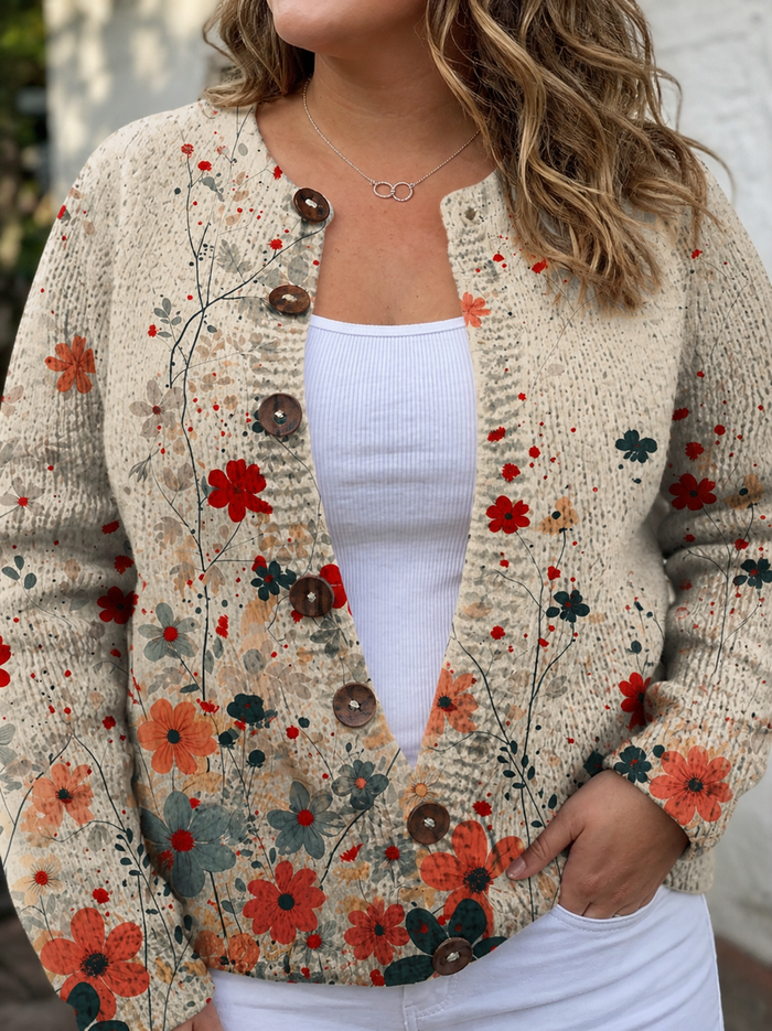 Dame Vintage Blomstret Strikkecardigan med Åpen Front