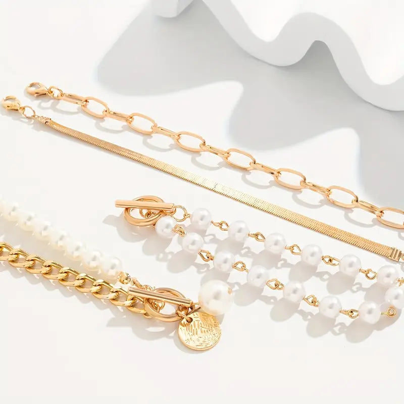 Fauna Gold 4-delt Armbåndsett - Slange, Perler &amp; Lenker | Gull
