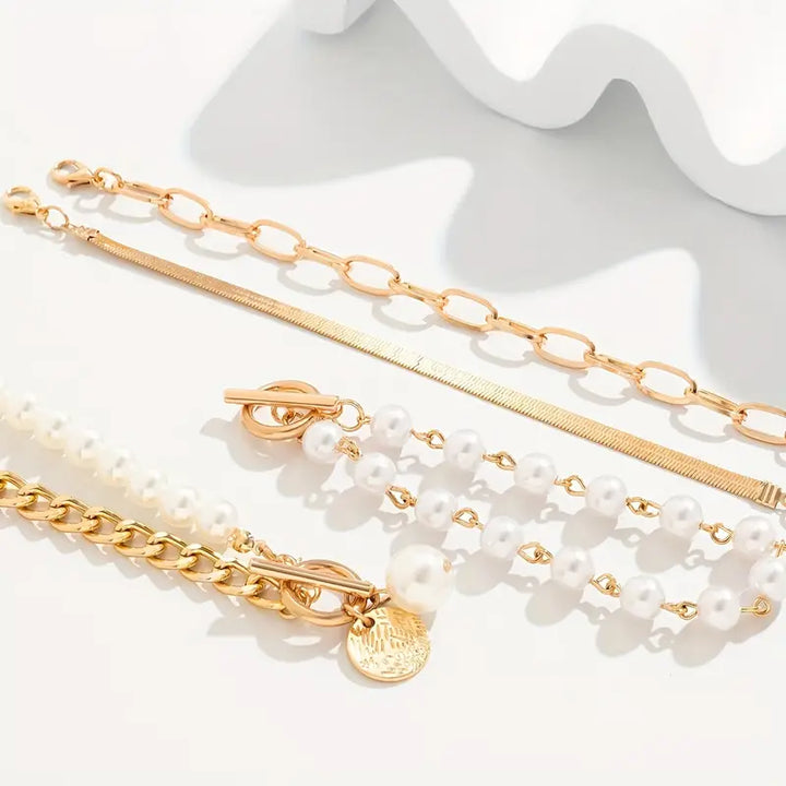 Fauna Gold 4-delt Armbåndsett - Slange, Perler &amp; Lenker | Gull