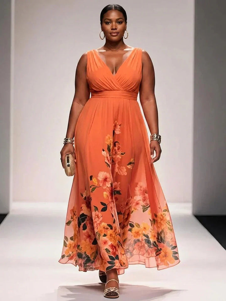 Salma | Lys Blå Blomstrete Chiffon V-Hals Maxi Kjole