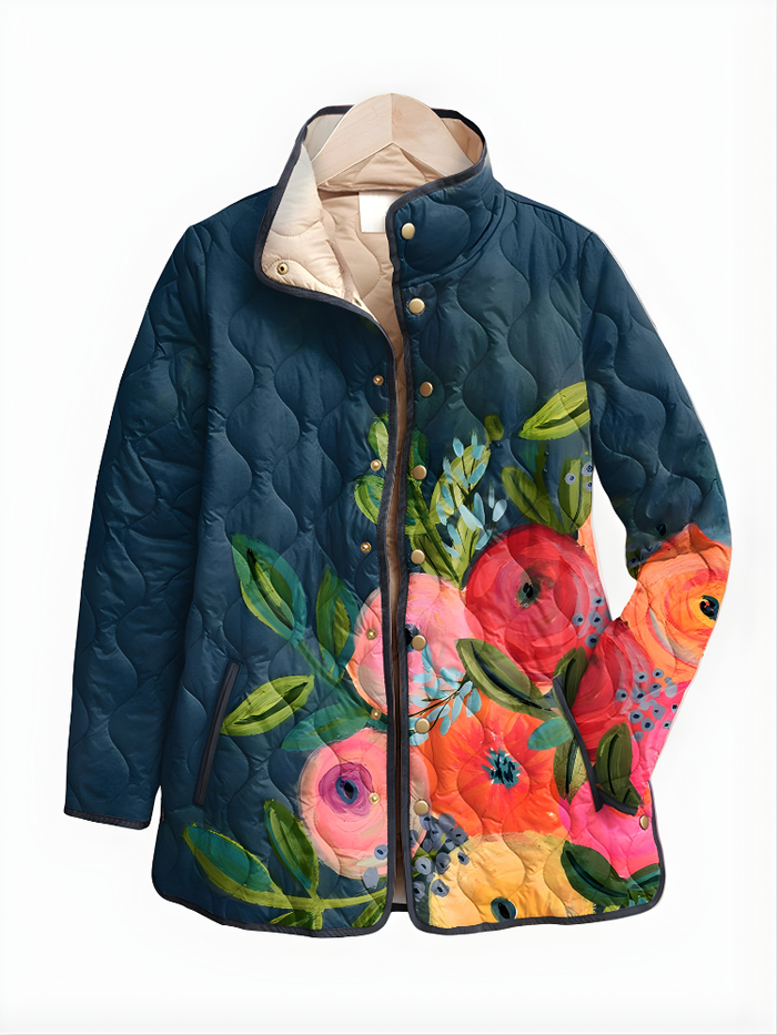 Dame Quiltjakke med Blomstertrykk og Stående Krage
