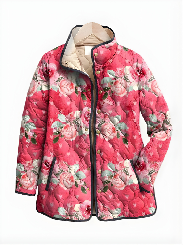 Dame Quiltet Jakke med Blomsterprint og Kontrast Lynlås