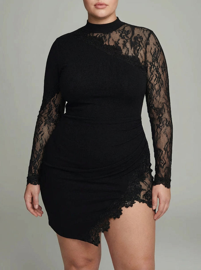 Elspeth | Svart Turtleneck Blonde Asymmetrisk Tyll Langermet Mini Kjole