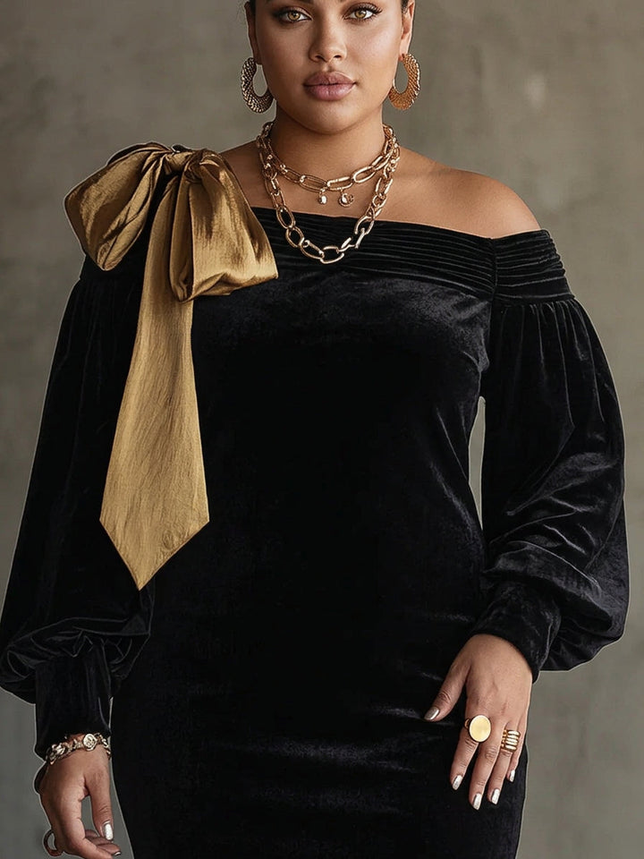 Svart Fløyel og Gull Sateng Lappeteppe Off-Shoulder Mini Kjole