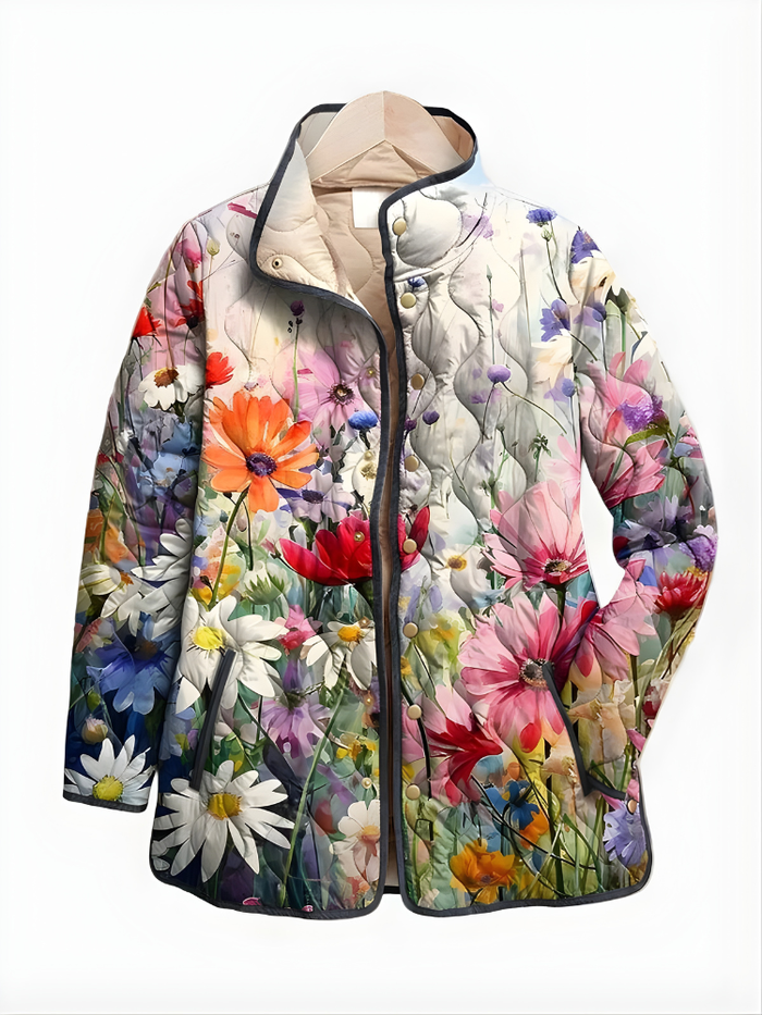 Dame Blomstret Quiltet Jakke med Hette og Trykknapper