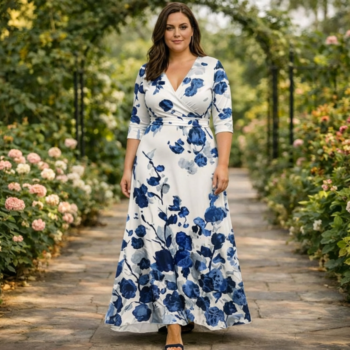 Pemberley | Blå Blomstrete Wrap Maxi Kjole