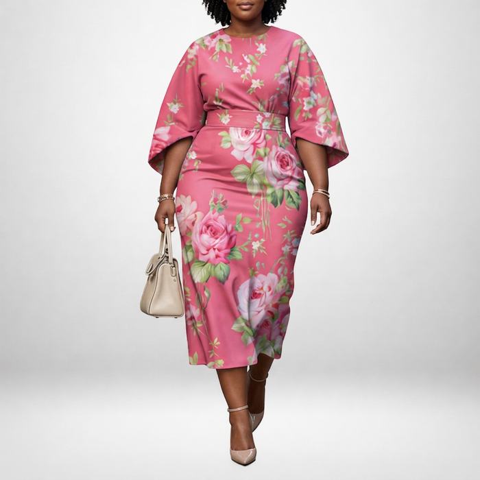 CLOVER | Rose Bloom Midi med Skulpturert Midje og Feminint Flow