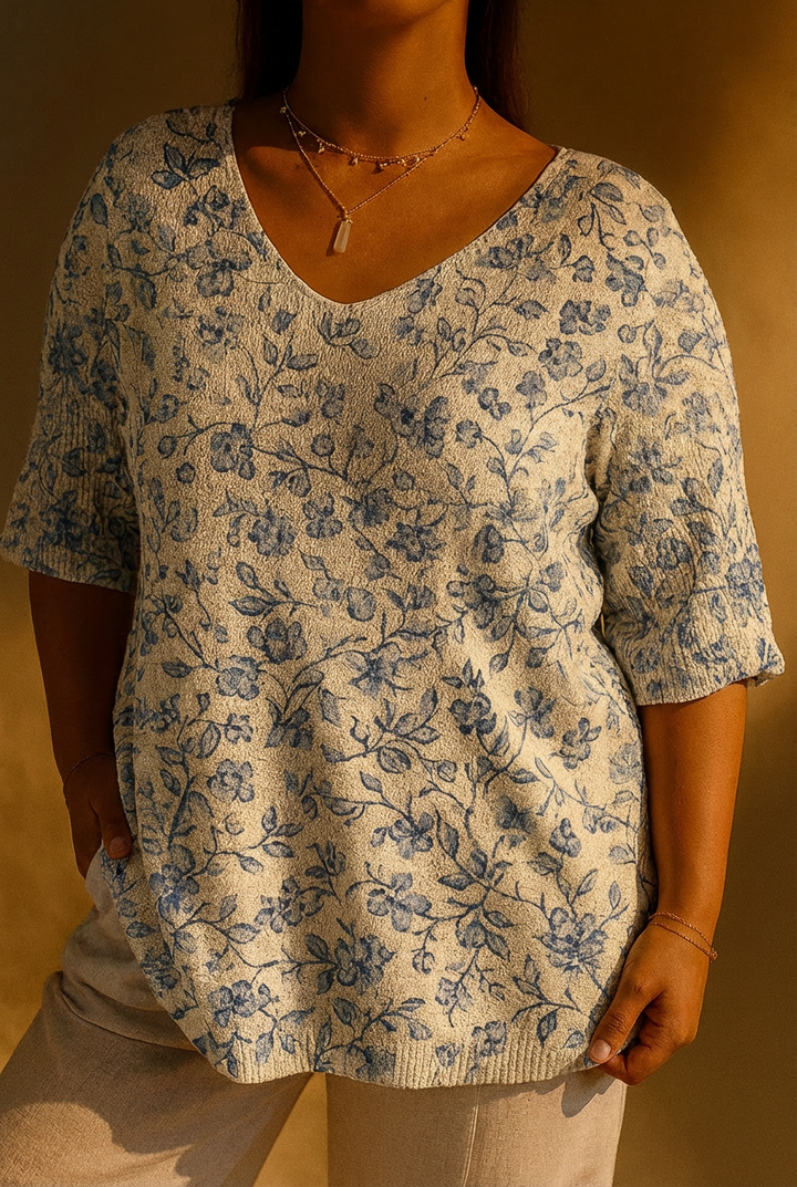 Kvinne Liten Blå Blomsterprint Casual Pullover Strikket