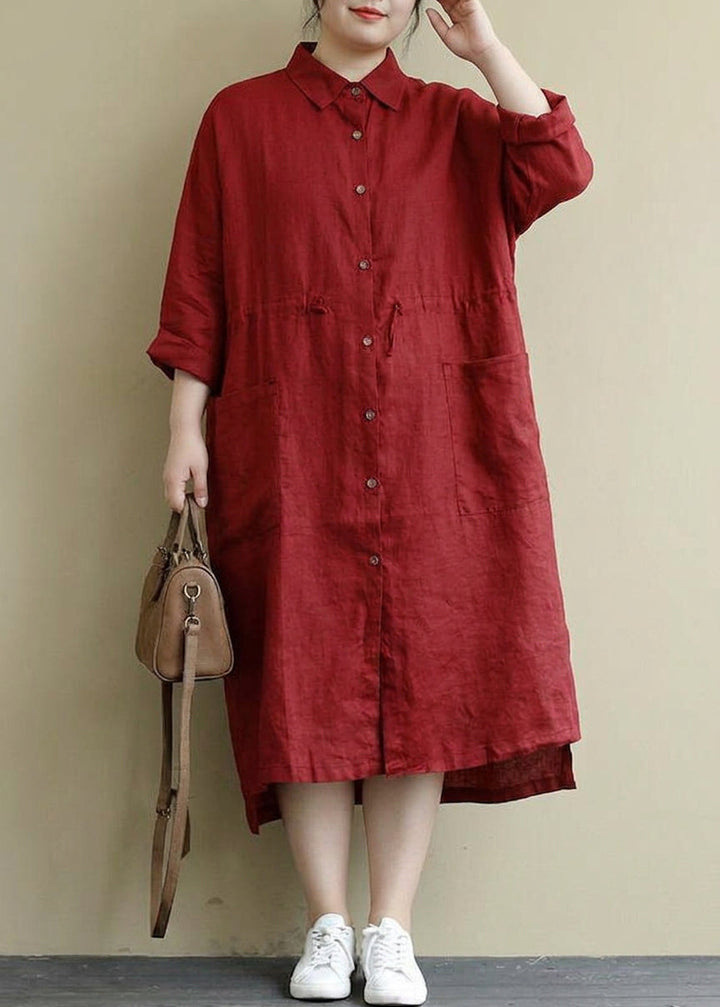 Isolde - Rød Lin Skjortekjole Casual Oversize Vår Maxi Kjoler