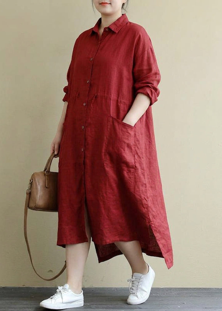 Isolde - Rød Lin Skjortekjole Casual Oversize Vår Maxi Kjoler