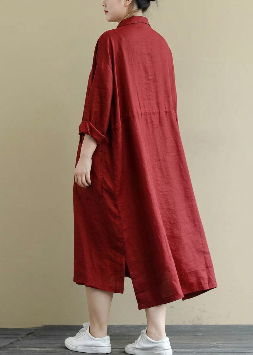 Isolde - Rød Lin Skjortekjole Casual Oversize Vår Maxi Kjoler