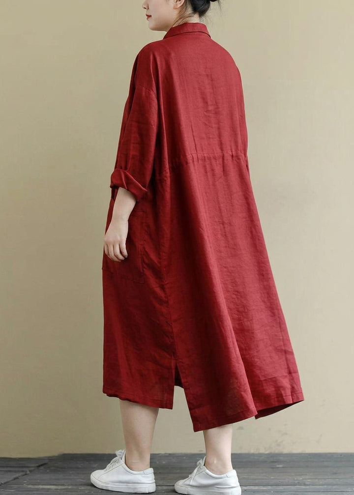 Isolde - Rød Lin Skjortekjole Casual Oversize Vår Maxi Kjoler