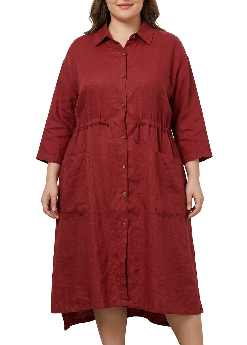 Isolde - Rød Lin Skjortekjole Casual Oversize Vår Maxi Kjoler