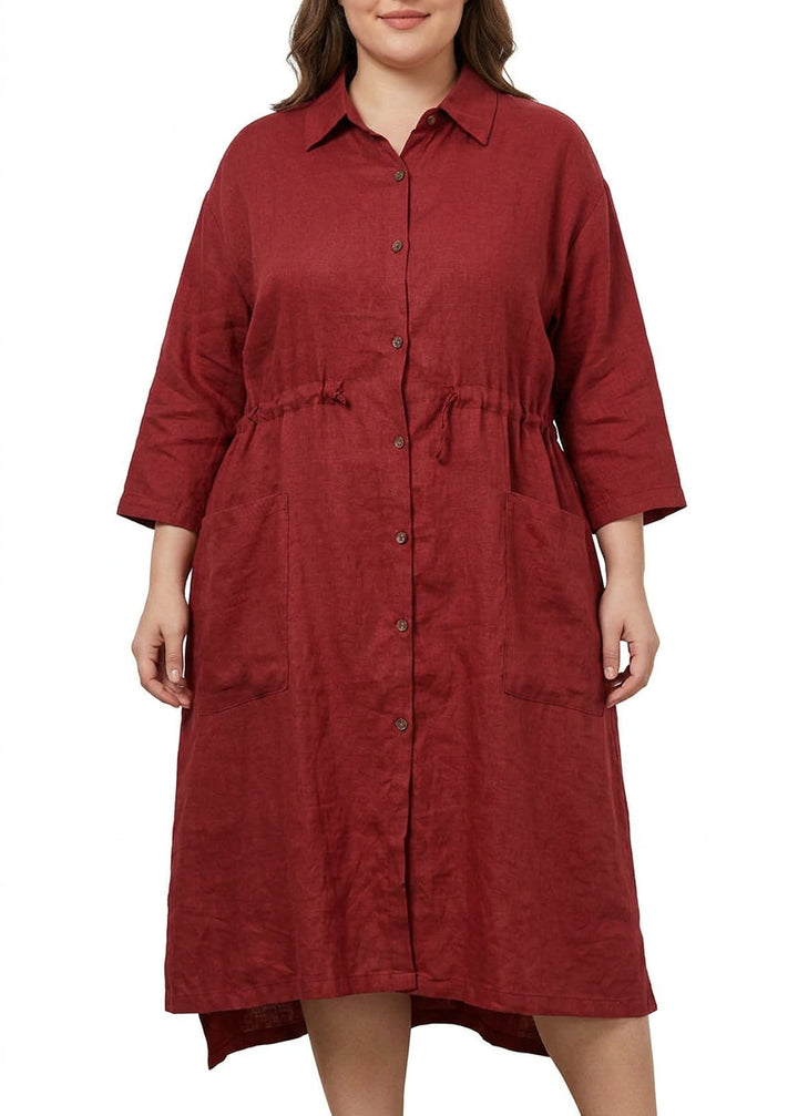 Isolde - Rød Lin Skjortekjole Casual Oversize Vår Maxi Kjoler