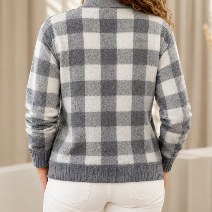 Dame Rutet Cardigan med Krage og Knapper