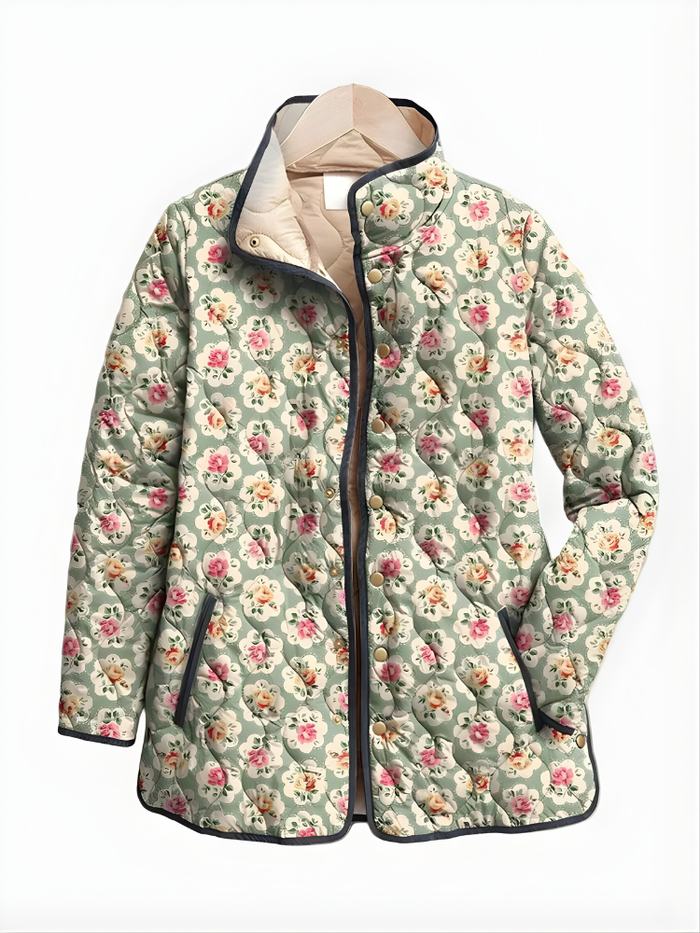 Dame Quiltet Jakke med Vintage Blomstertrykk