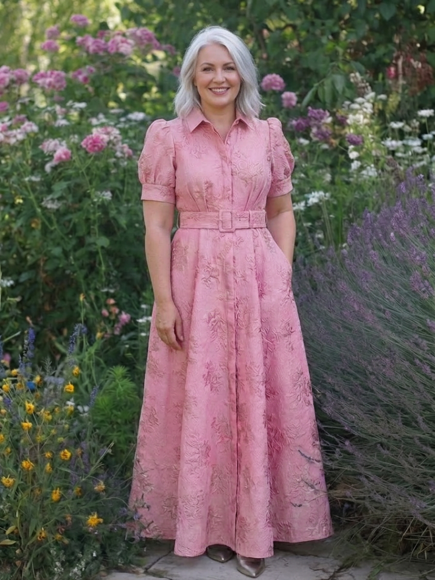 Lucienne | Korte Ermer Beltet Blomstrete Teksturert Maxikjole