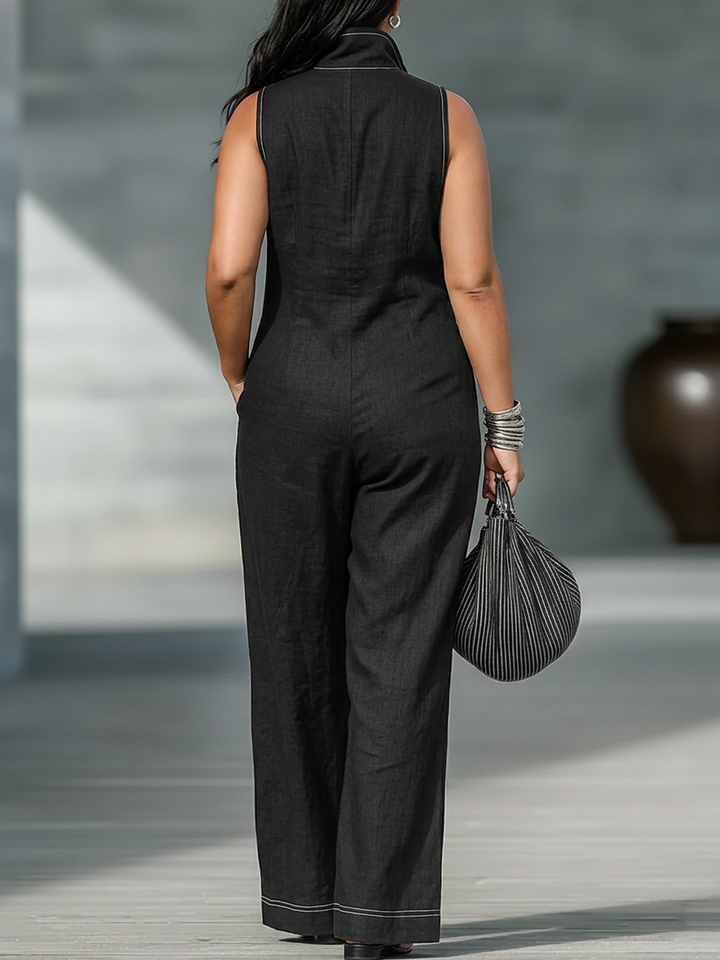 Kvinnelig Minimalistisk Uten Ermer Jumpsuit med Hvit Kant