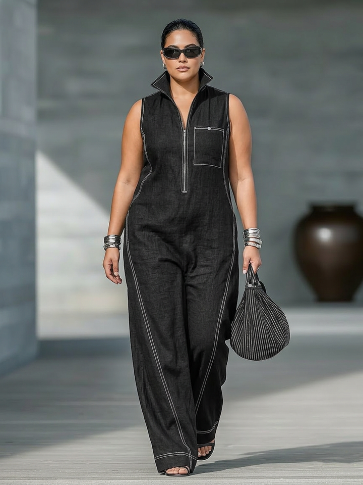 Kvinnelig Minimalistisk Uten Ermer Jumpsuit med Hvit Kant