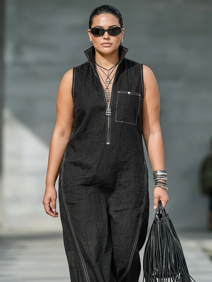Kvinnelig Minimalistisk Uten Ermer Jumpsuit med Hvit Kant