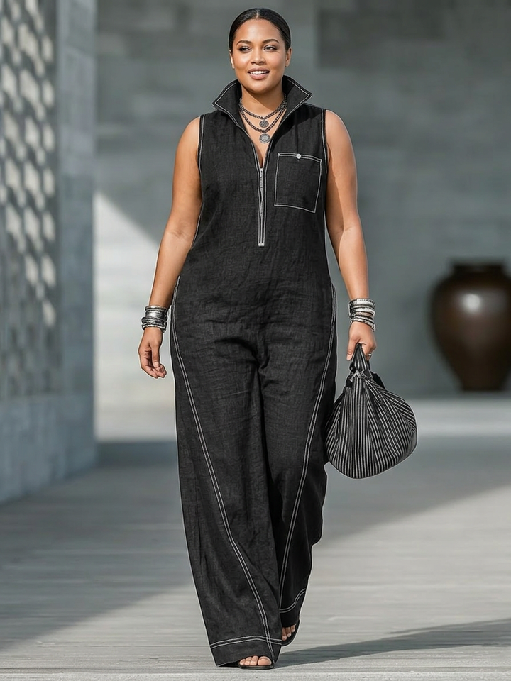 Kvinnelig Minimalistisk Uten Ermer Jumpsuit med Hvit Kant