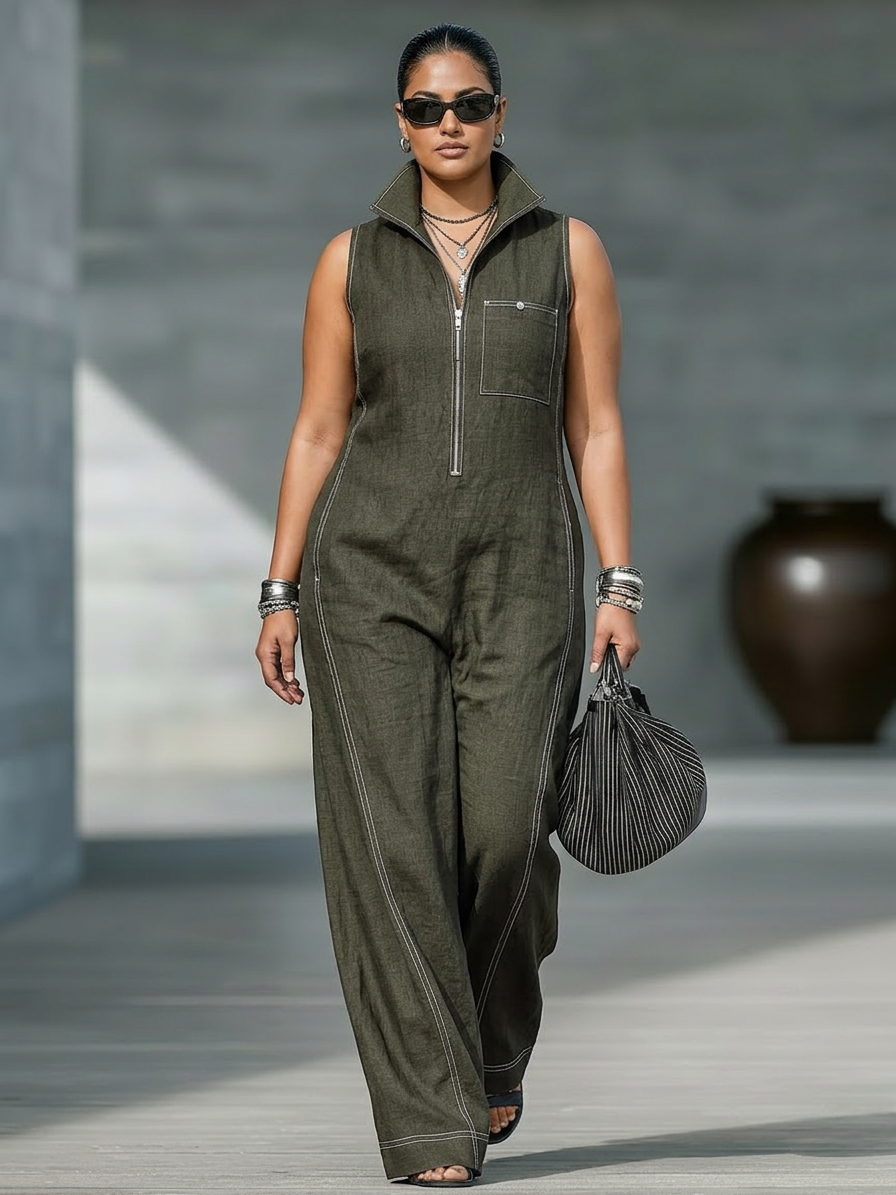 Kvinnelig Minimalistisk Uten Ermer Jumpsuit med Hvit Kant