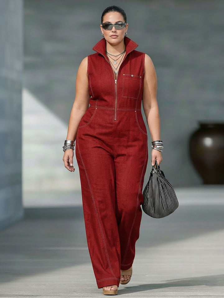 Kvinnelig Minimalistisk Uten Ermer Jumpsuit med Hvit Kant