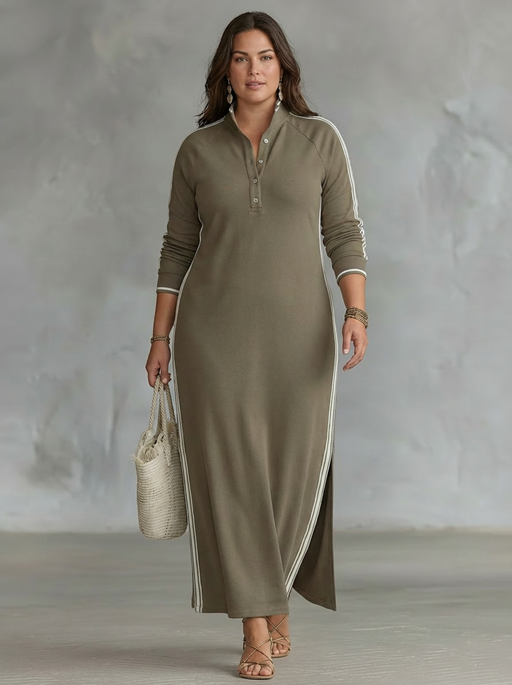 Maxi Sweatshirt Kjole for Kvinner med Knappe-ned Krage og Hvit Kant