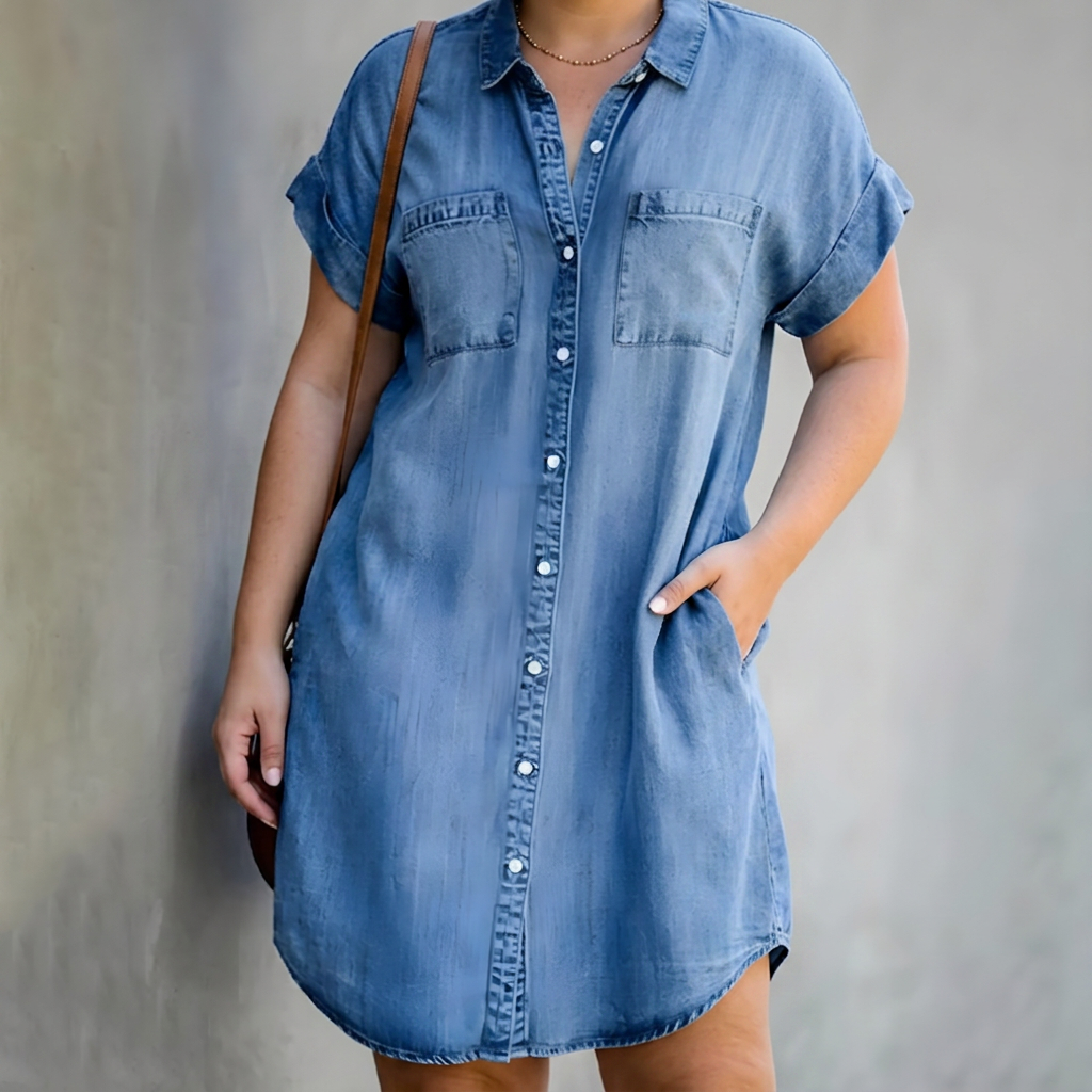 Lavinia | Kvinne Denim Korte Ermer Knapp-Up Skjortekjole