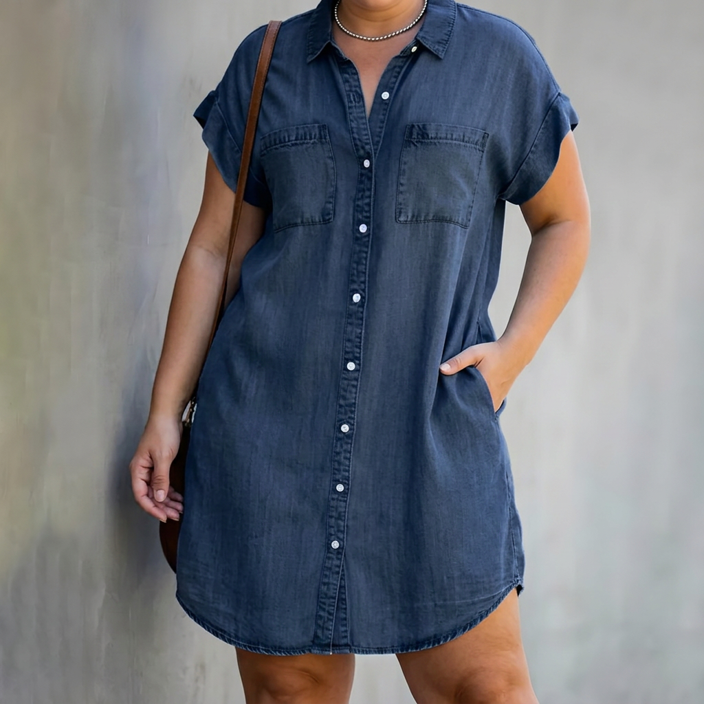 Lavinia | Kvinne Denim Korte Ermer Knapp-Up Skjortekjole