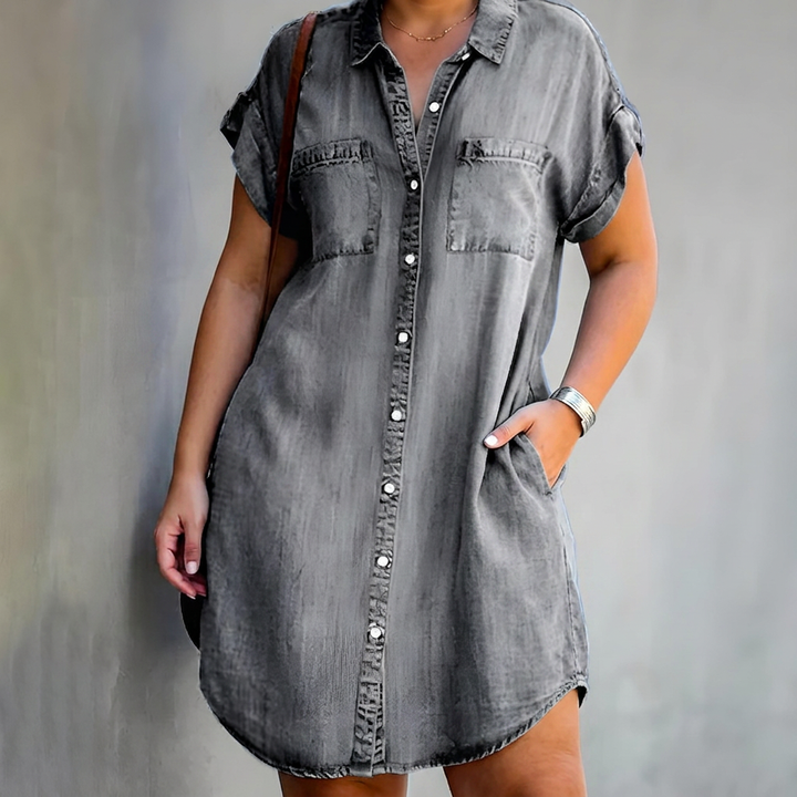 Lavinia | Kvinne Denim Korte Ermer Knapp-Up Skjortekjole