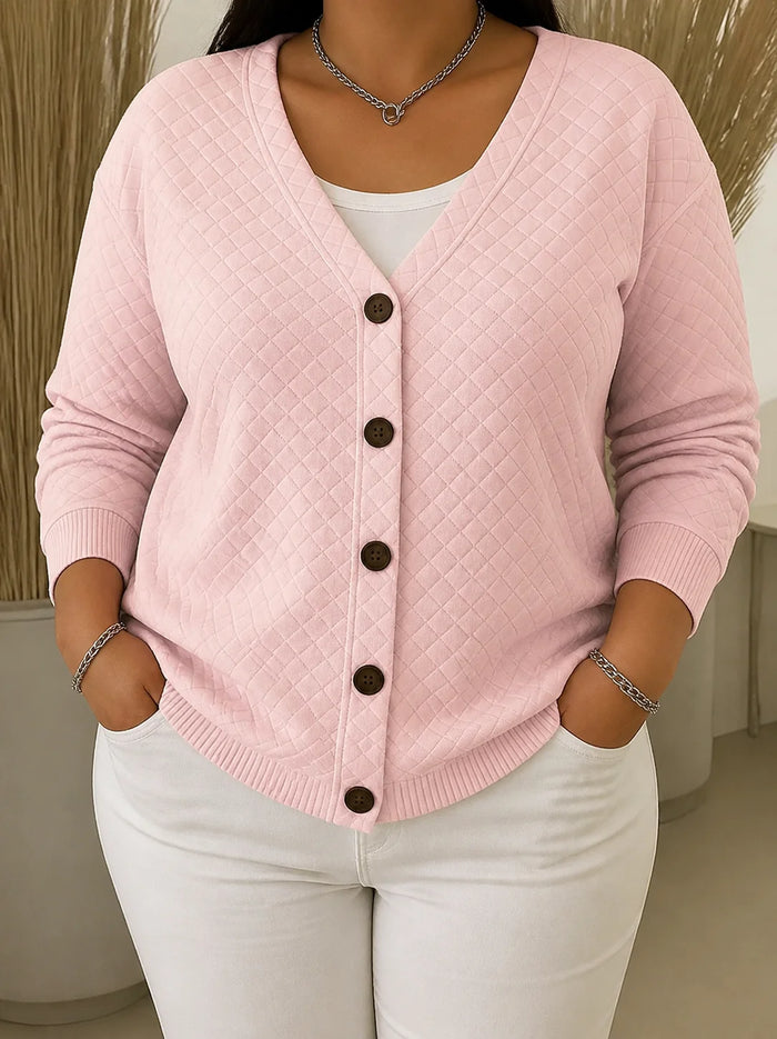 Dame Quiltet Cardigan med Knappestolpe V-hals