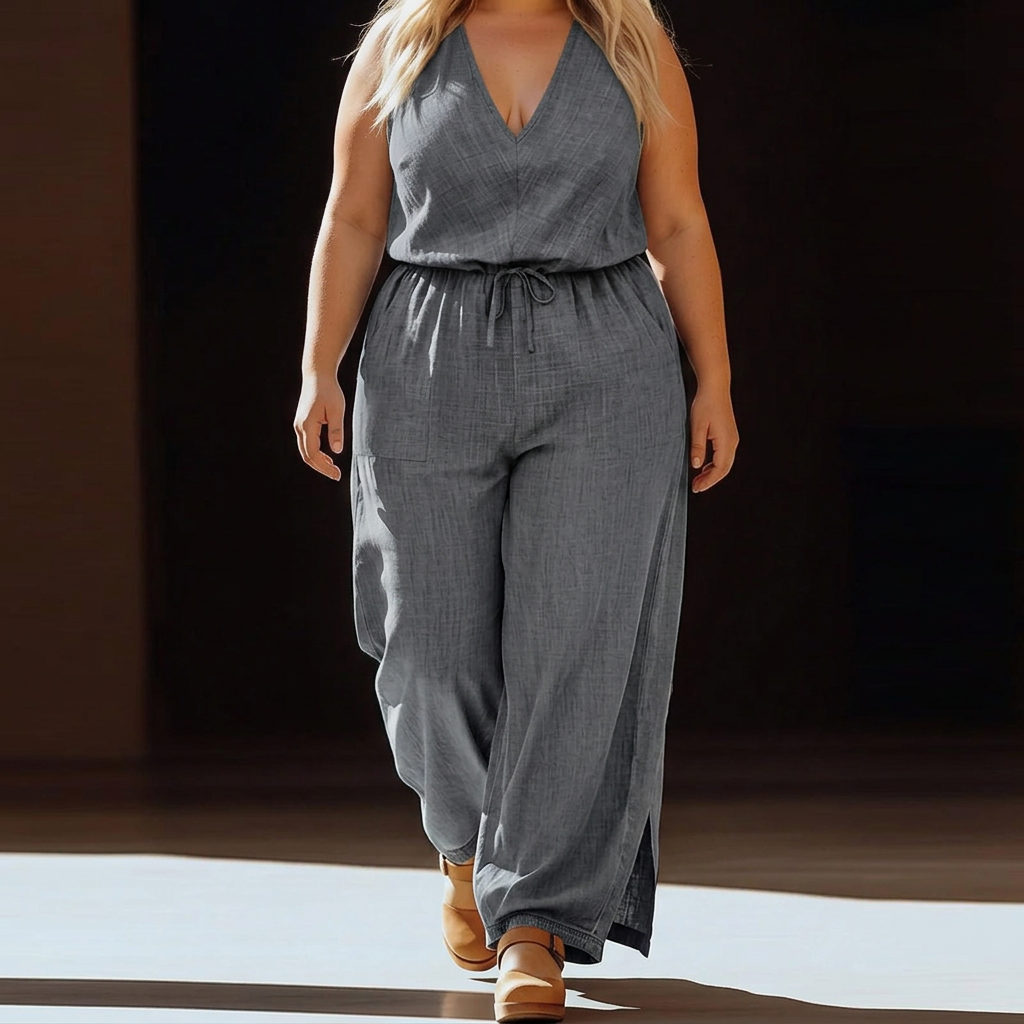 Lark – Uformell Ermeløs Jumpsuit med Snøring og Lommer