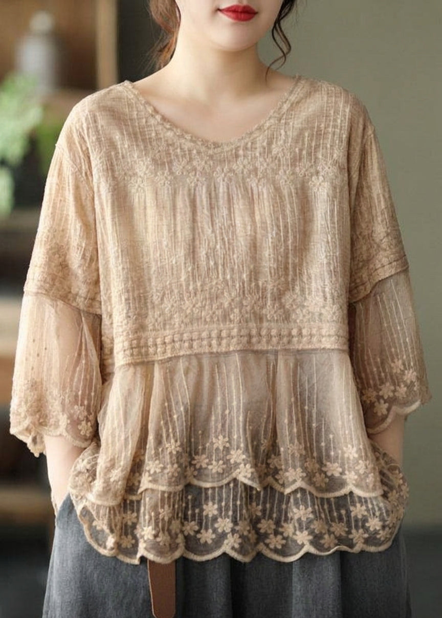 Oona - Brodert Patchwork Sommer Skjorter med Halv Erme