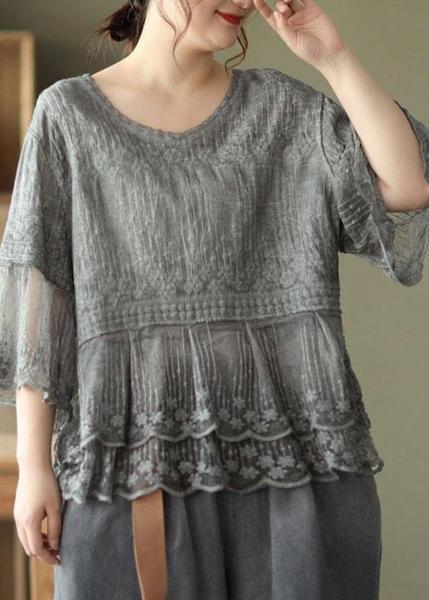 Oona - Brodert Patchwork Sommer Skjorter med Halv Erme