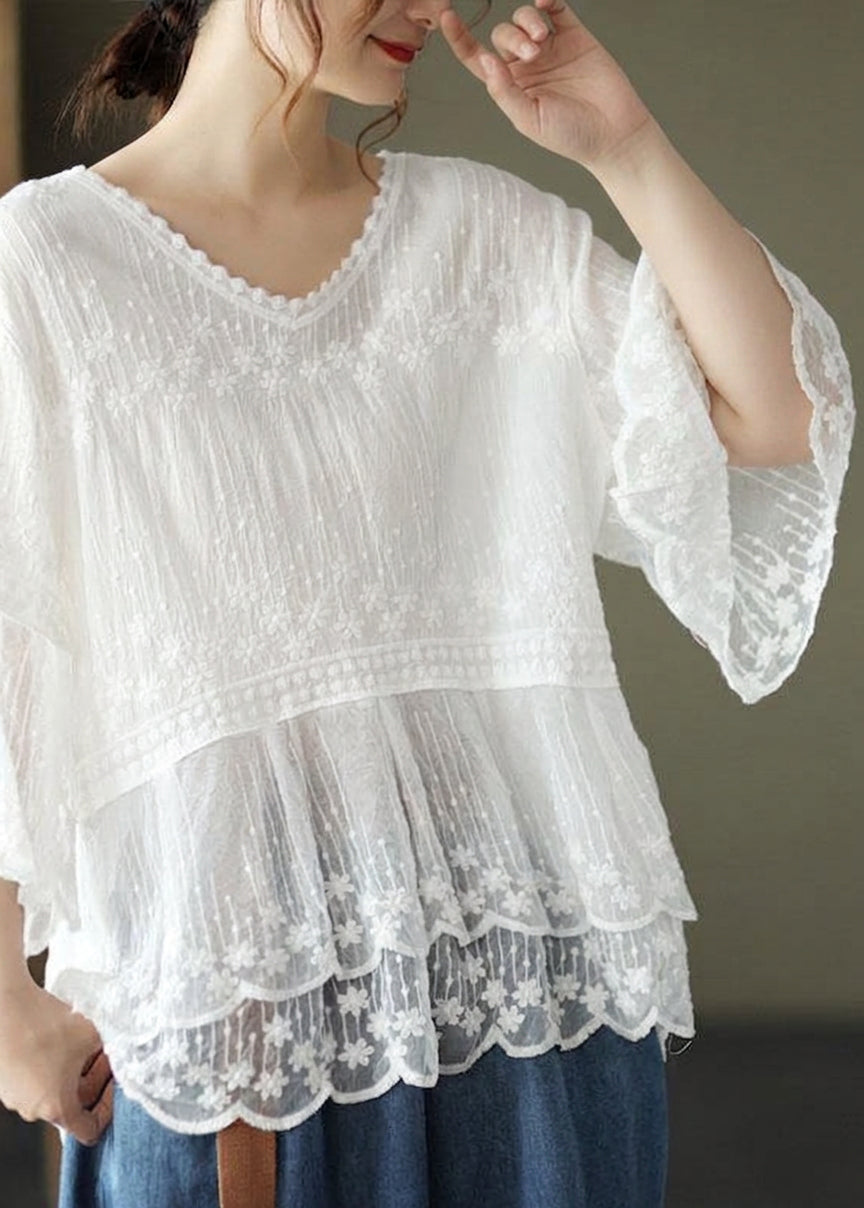 Oona - Brodert Patchwork Sommer Skjorter med Halv Erme