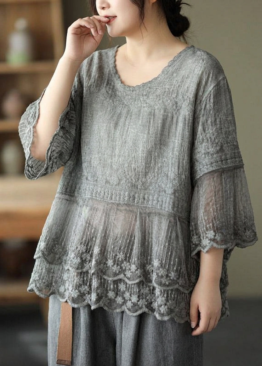 Oona - Brodert Patchwork Sommer Skjorter med Halv Erme
