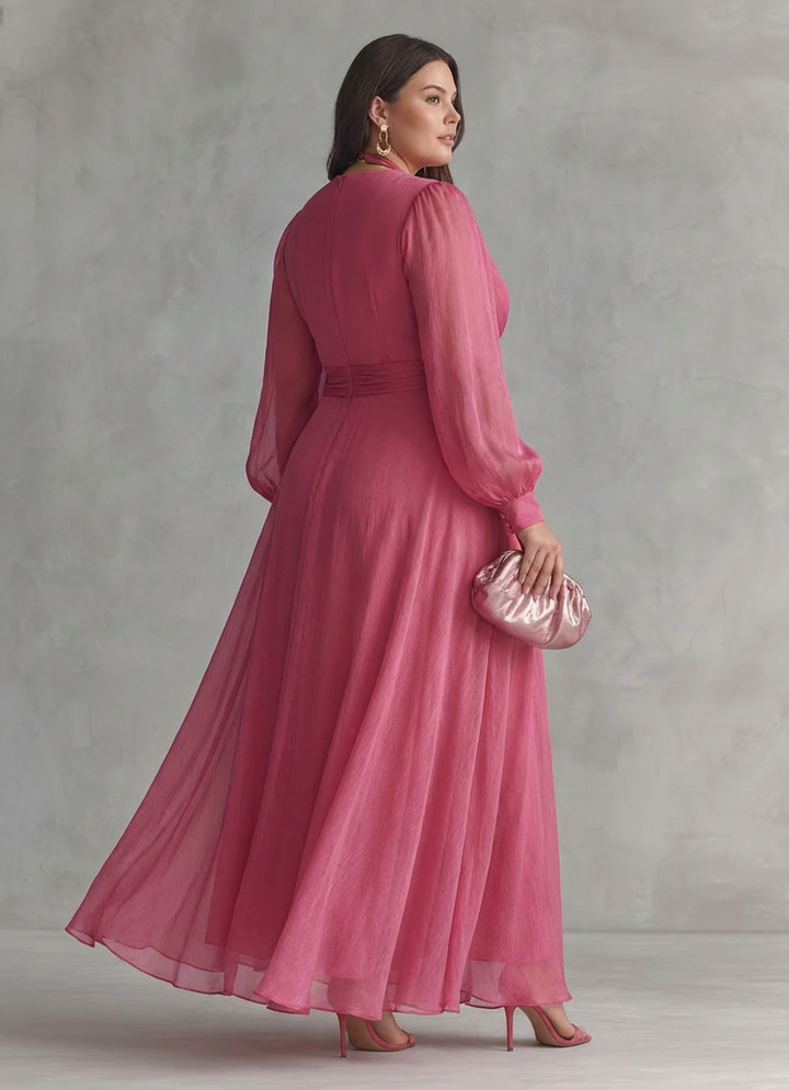Elegant lang rosa chiffonkjole med perler og V-hals for kvinner
