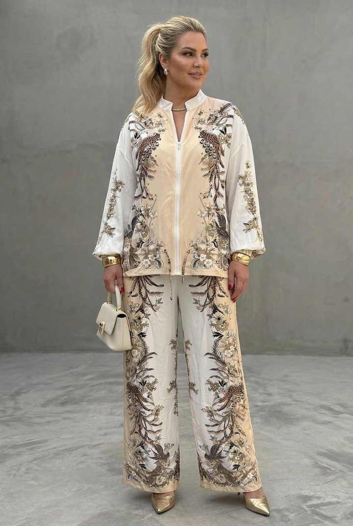 Mika | Zip Front Blouson Top Trykt To-delt Sett