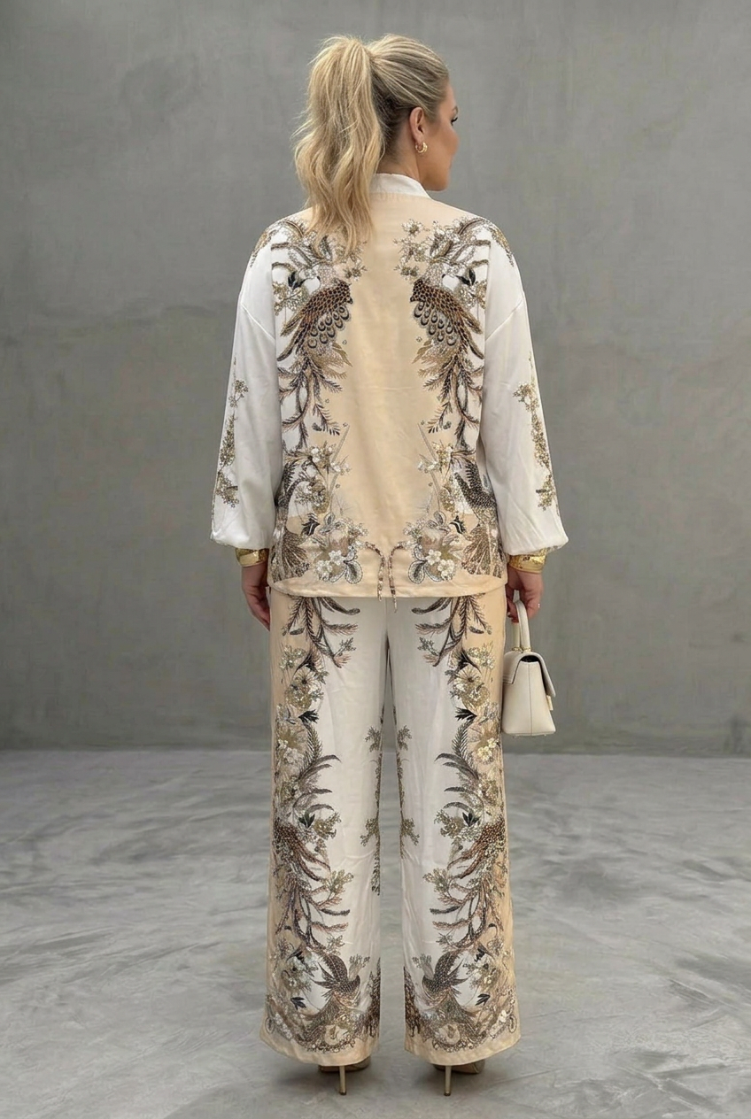 Mika | Zip Front Blouson Top Trykt To-delt Sett