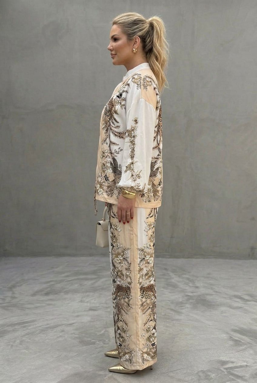 Mika | Zip Front Blouson Top Trykt To-delt Sett