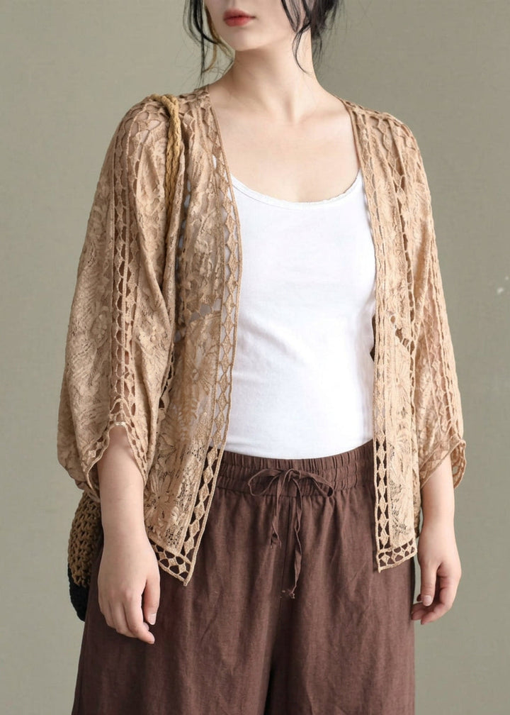 Niamh - Moderne Khaki Jacquard Hult Ut Korte Cardigans i Bomull