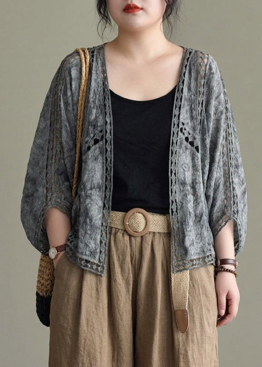 Niamh - Moderne Khaki Jacquard Hult Ut Korte Cardigans i Bomull